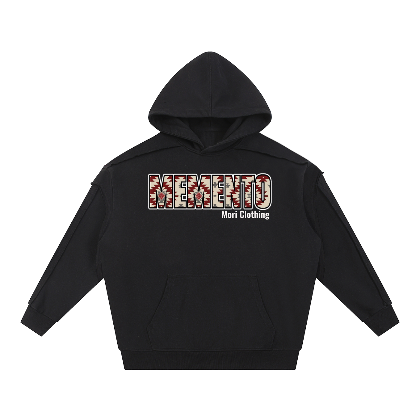 Aztec Contrast Tape Raw Edge Double Layered Hoodie - Memento Mori Clothing