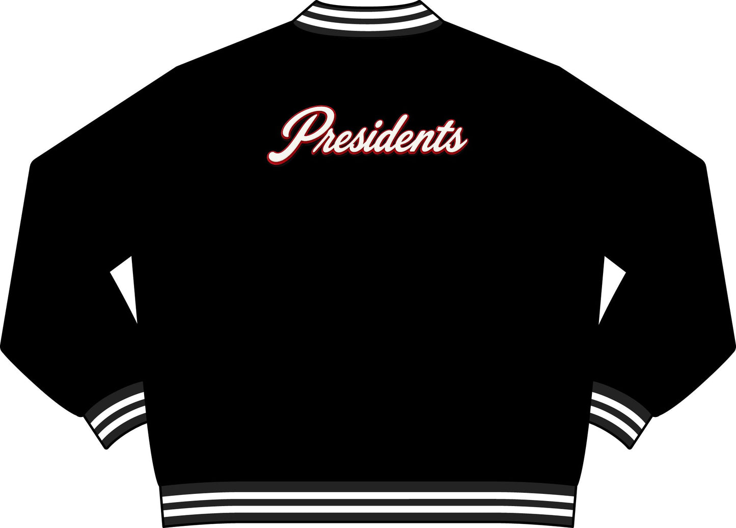 Presidents Embroidered Varsity Jacket — Black Bomber Jacket with Script Back