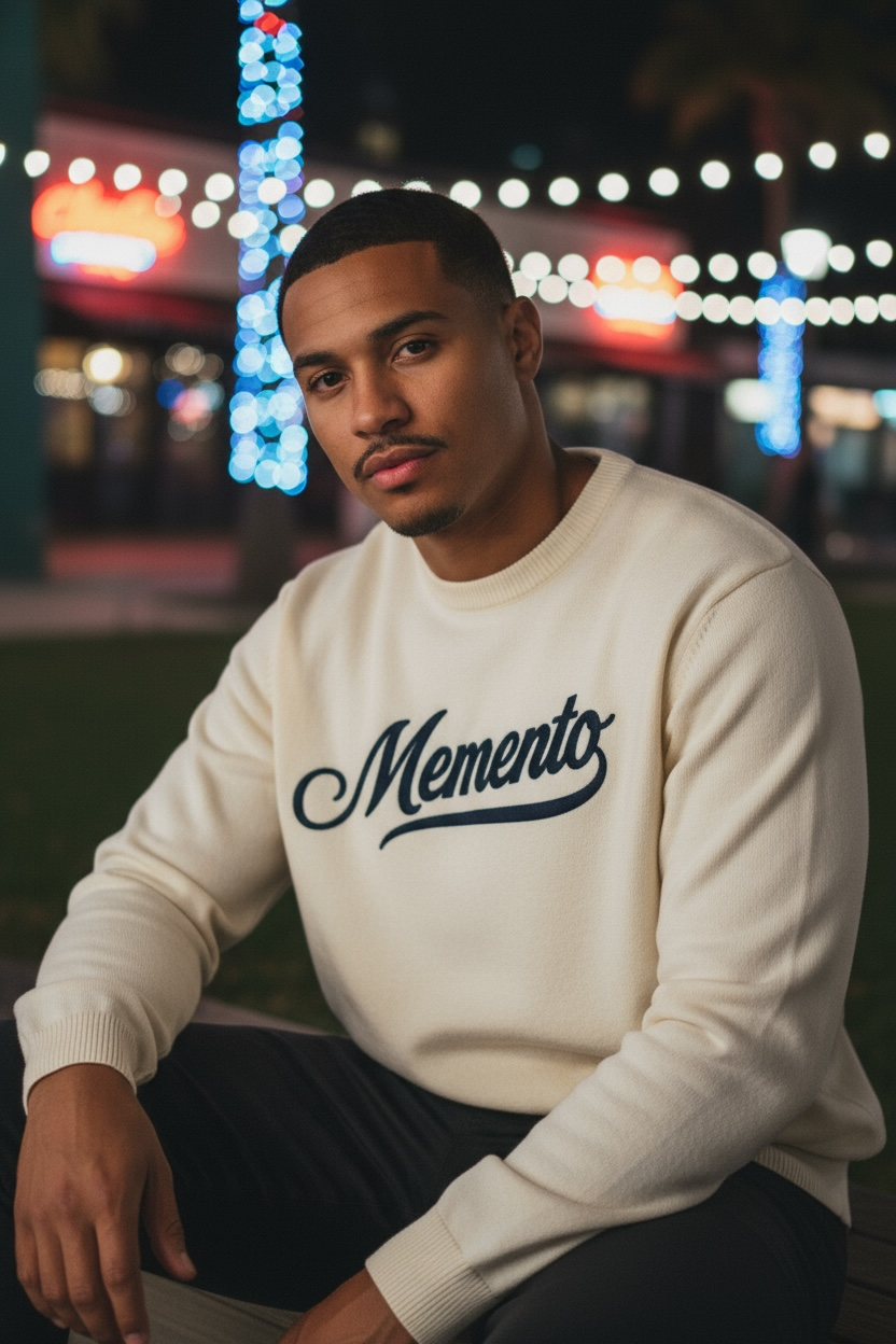 Memento (Cream/Blue) Knitted Neck Oversize Sweatshirt - Memento Mori Clothing