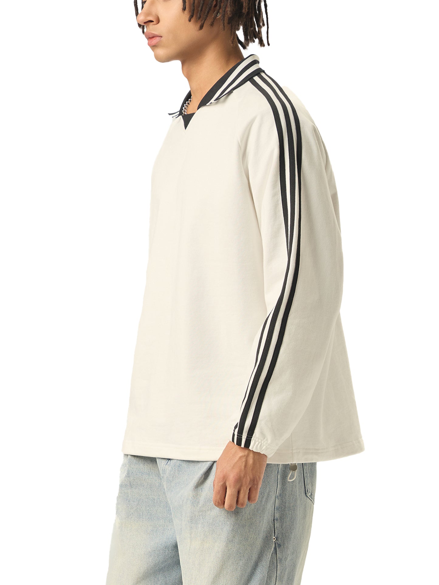 Contrast Striped Lapel Collar Sweatshirt - Memento Mori Clothing