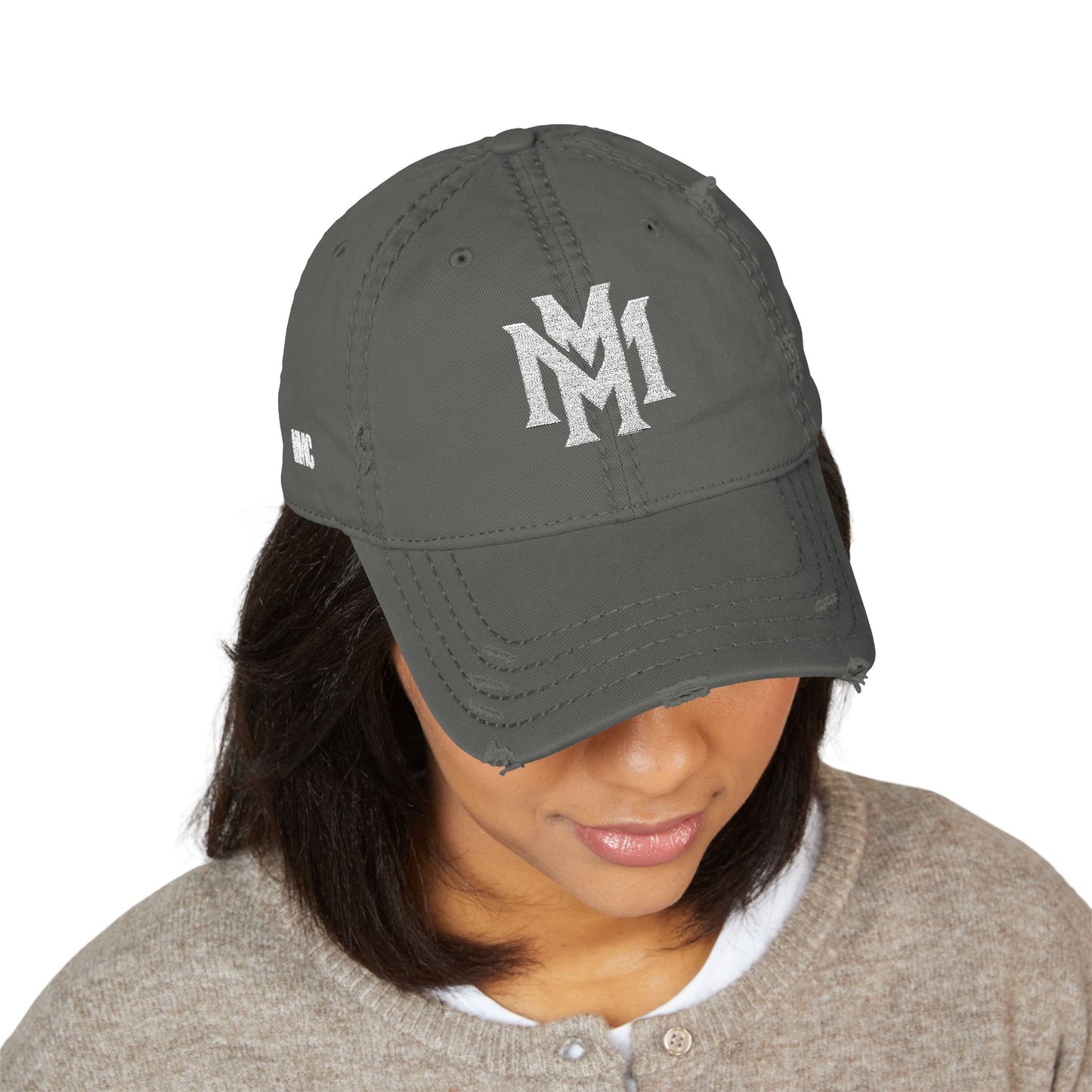 Distressed Embroidered Dad Hat – Vintage Monogram "M" with Script "Momento" - Memento Mori Clothing
