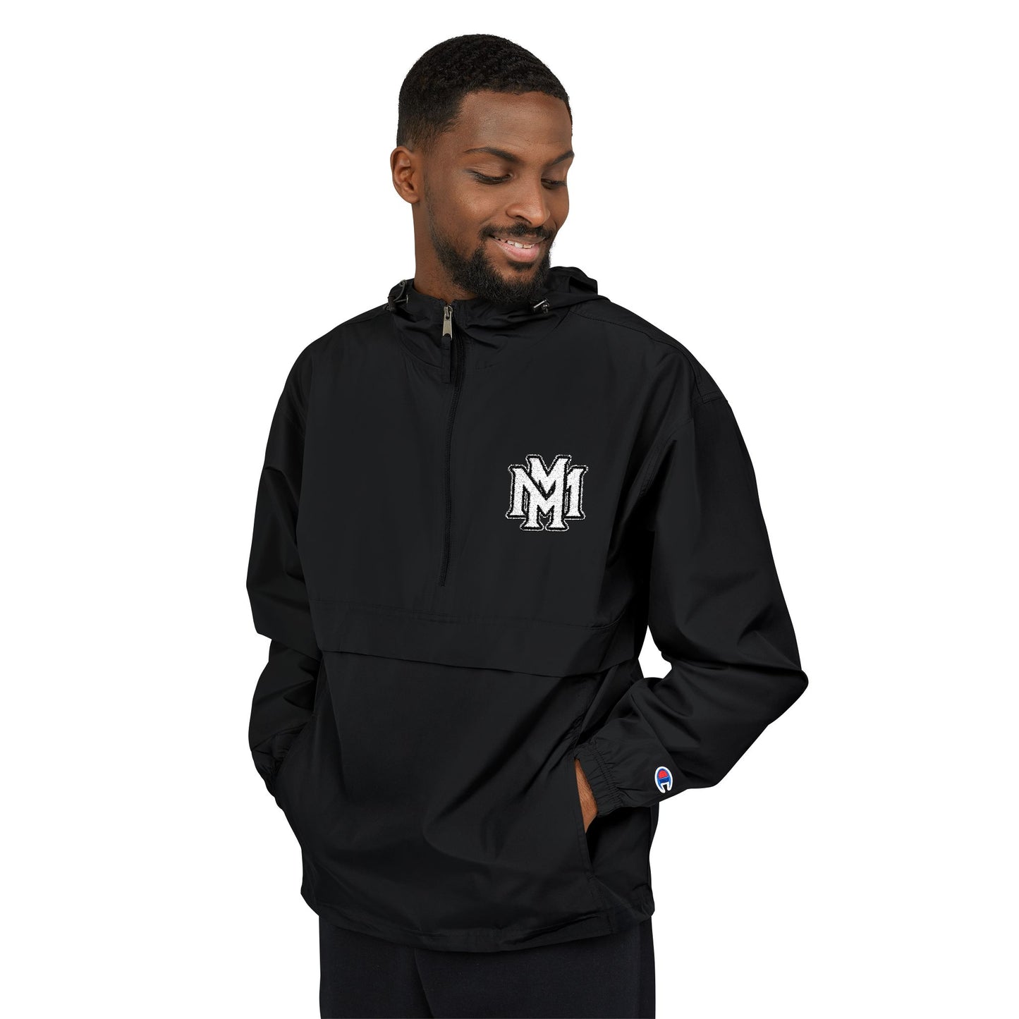 Black Packable Anorak Jacket with White Crest Graphic — Lightweight Windbreaker