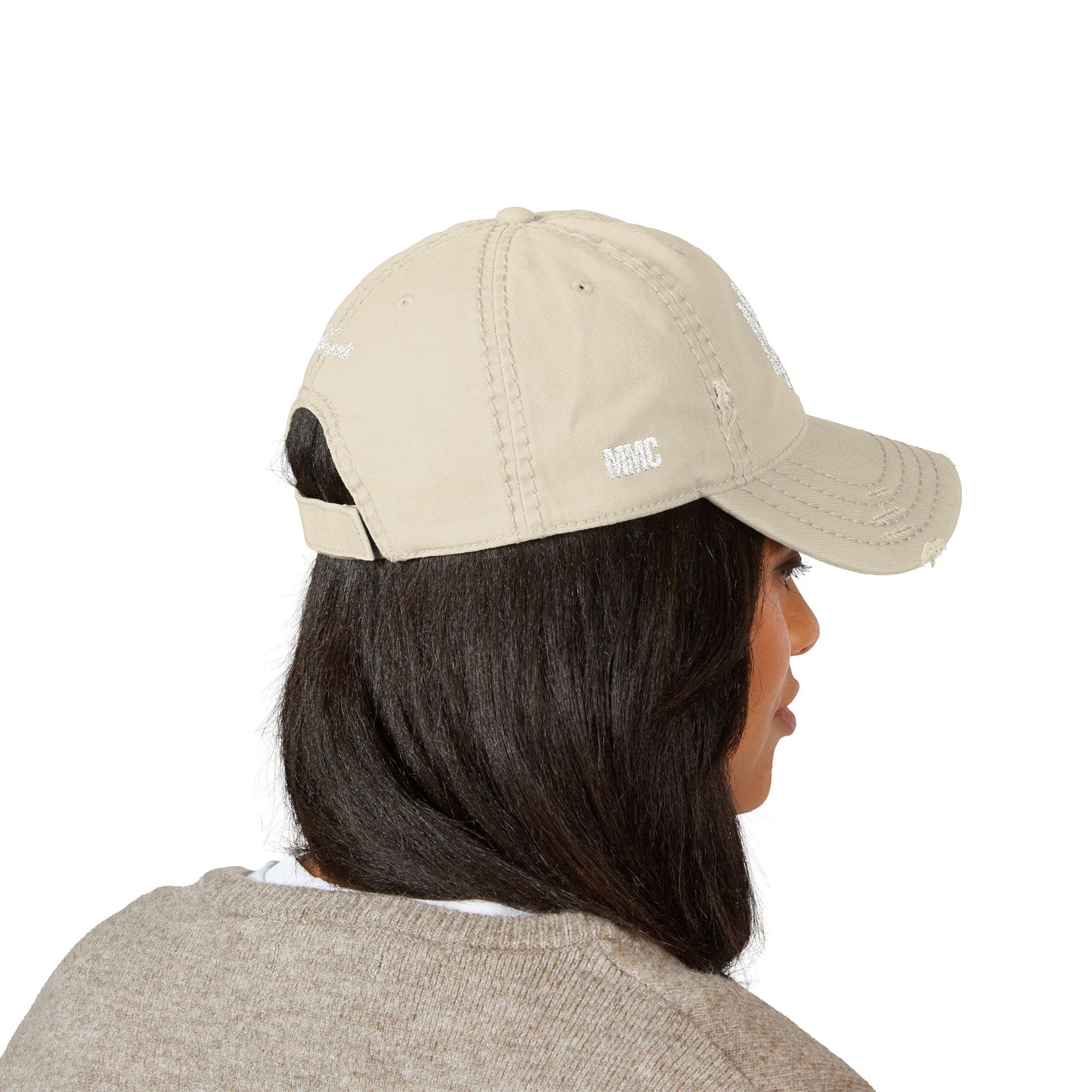 Distressed Embroidered Dad Hat – Vintage Monogram "M" with Script "Momento" - Memento Mori Clothing