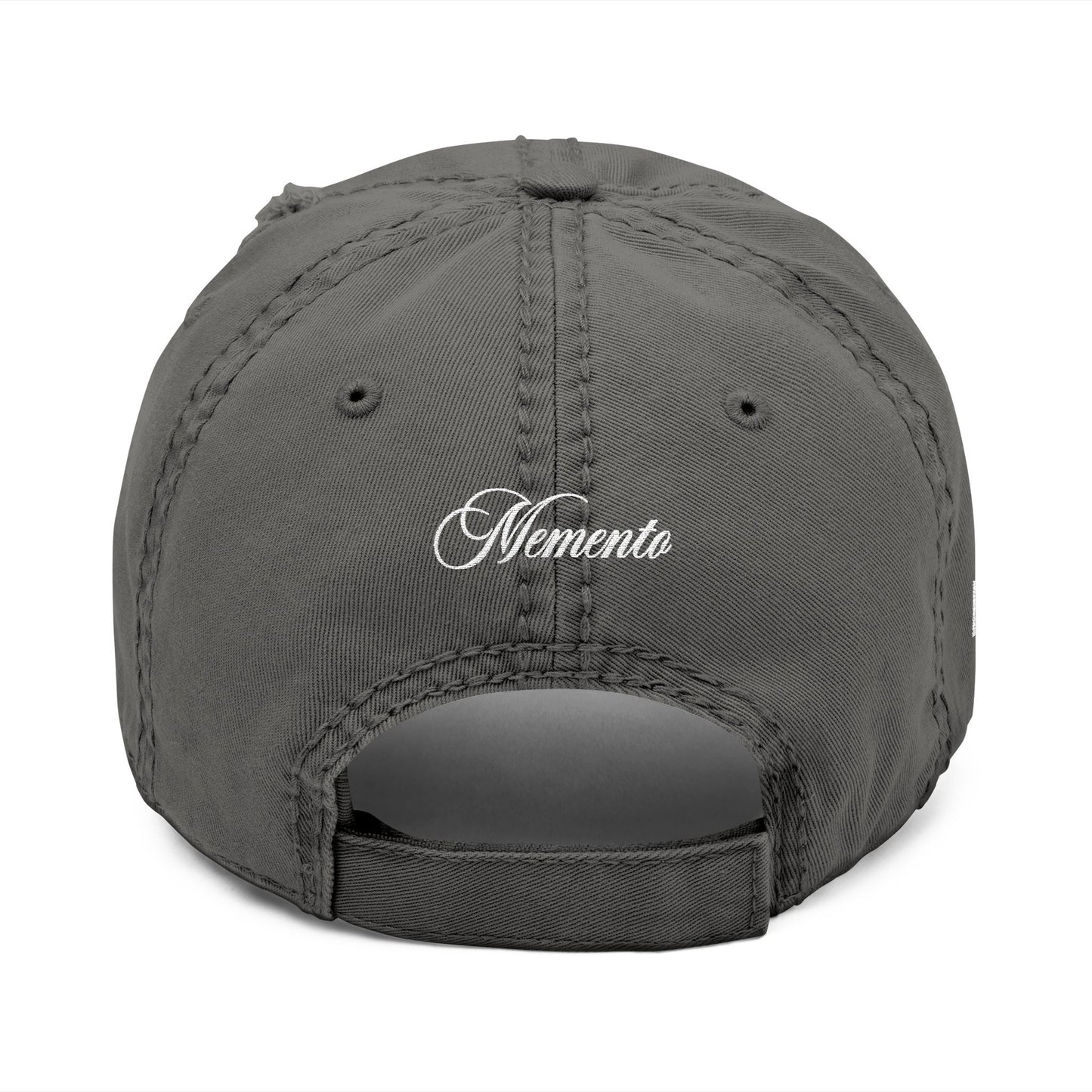 Distressed Embroidered Dad Hat – Vintage Monogram "M" with Script "Momento" - Memento Mori Clothing