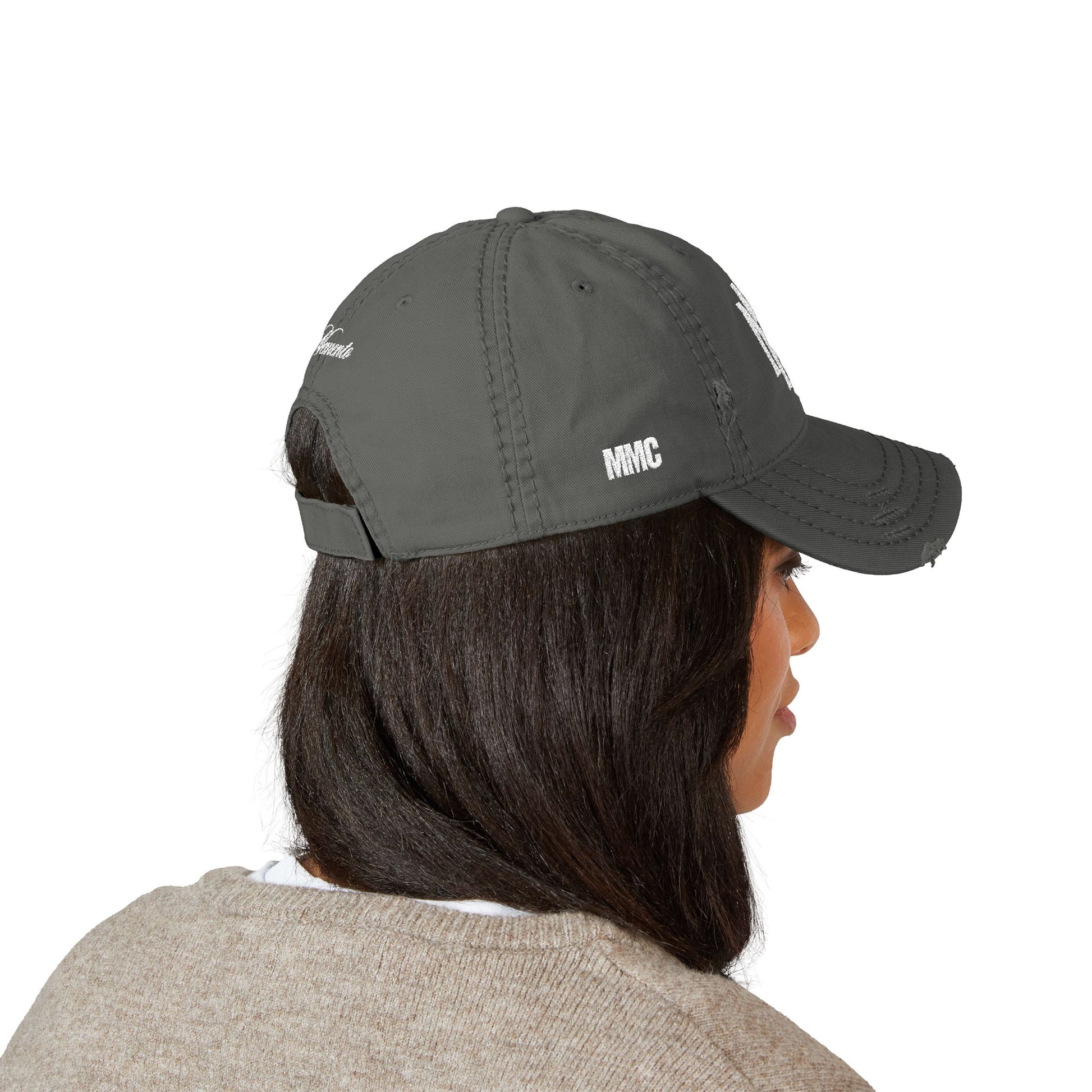Distressed Embroidered Dad Hat – Vintage Monogram "M" with Script "Momento" - Memento Mori Clothing
