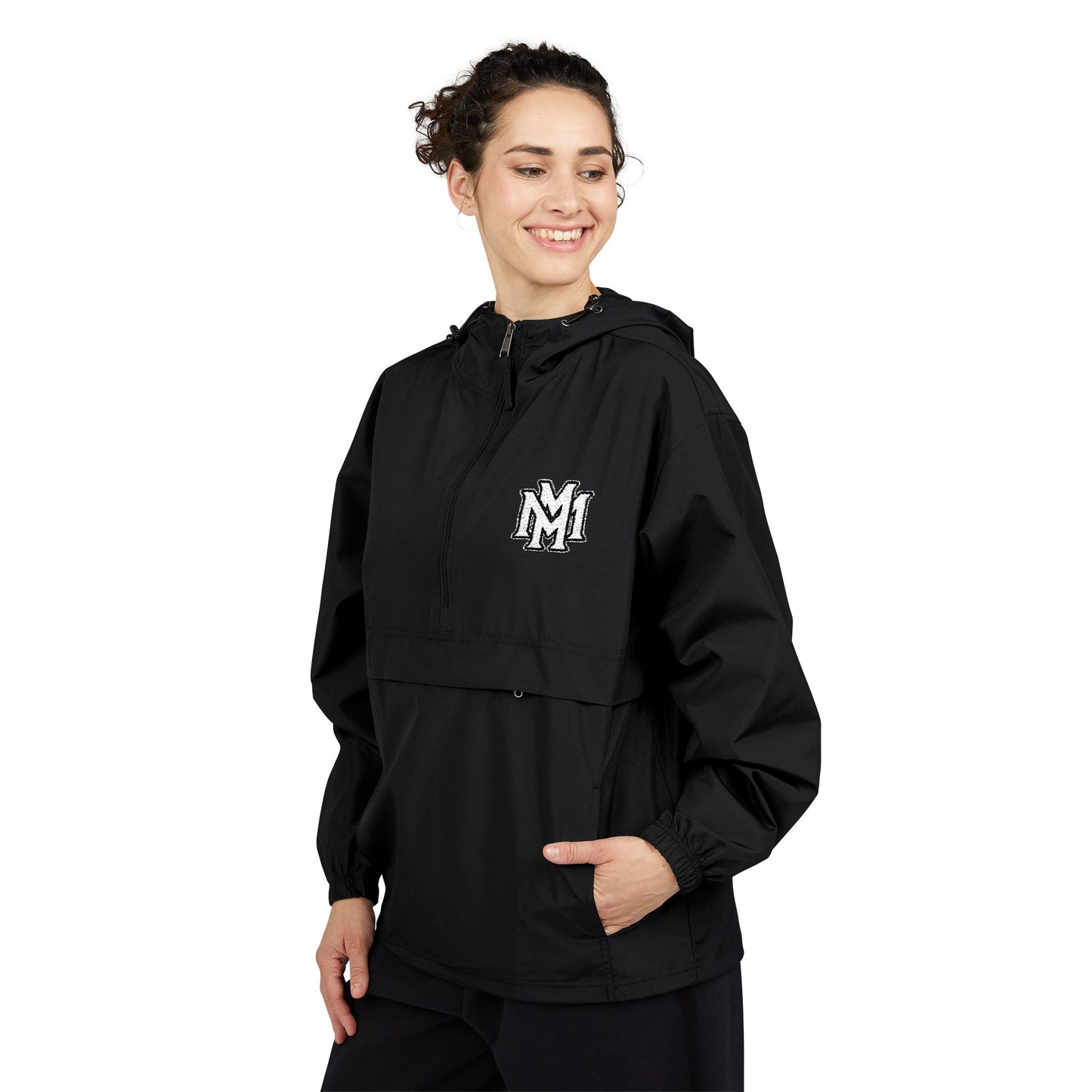 Black Packable Anorak Jacket with White Crest Graphic — Lightweight Windbreaker