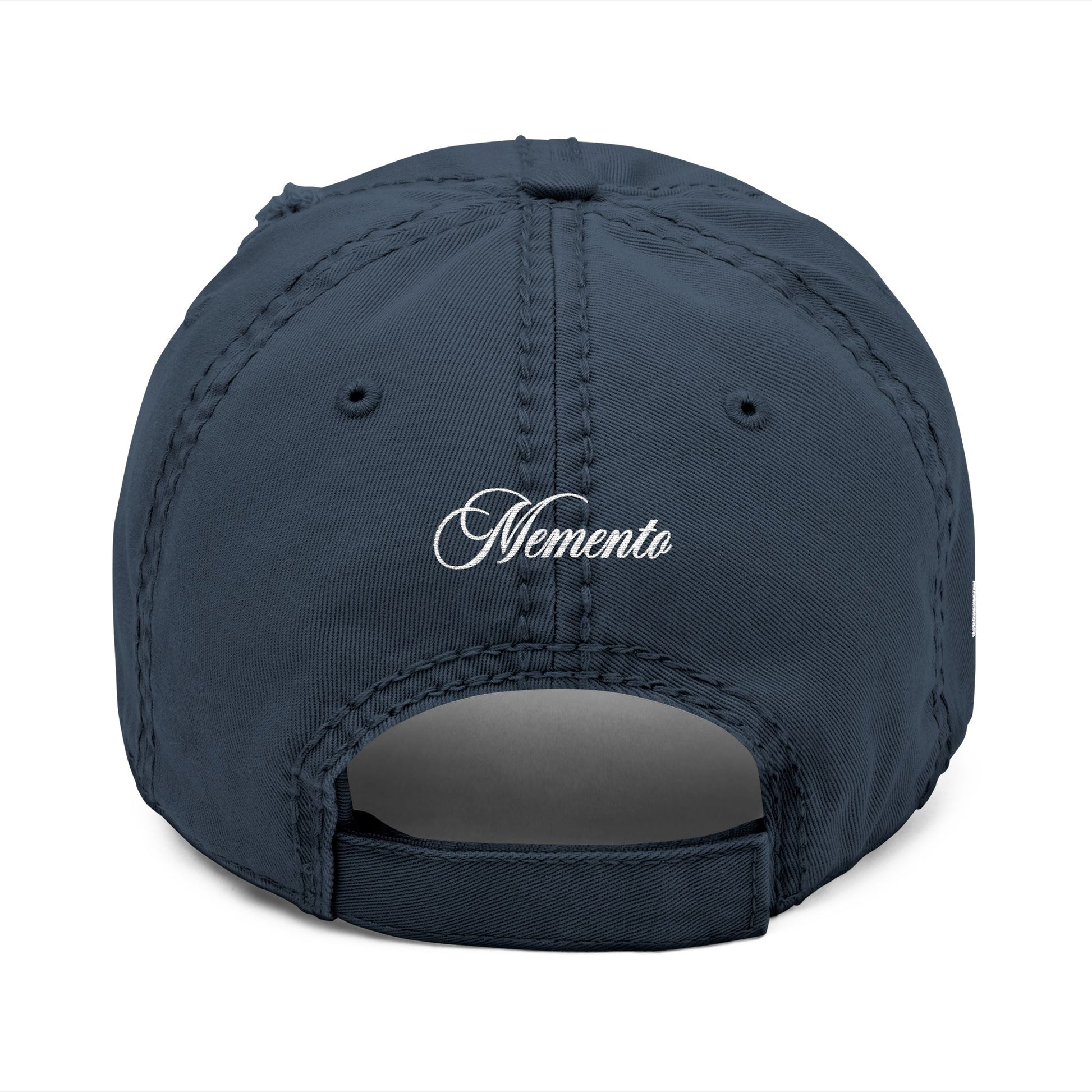 Distressed Embroidered Dad Hat – Vintage Monogram "M" with Script "Momento" - Memento Mori Clothing