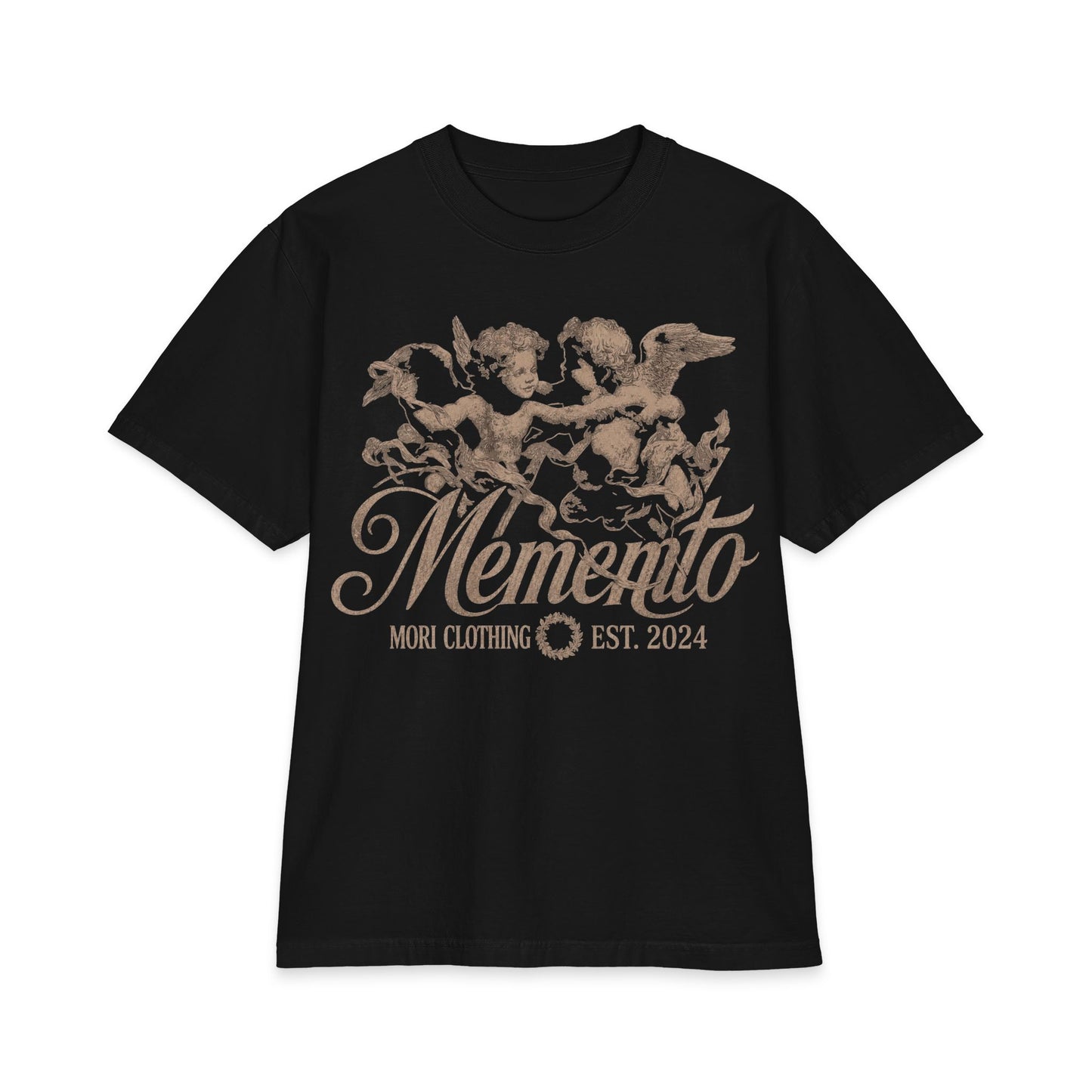 Memento Cherub Graphic T-Shirt — Vintage Angel Artwork, 'Memento' Chest Print