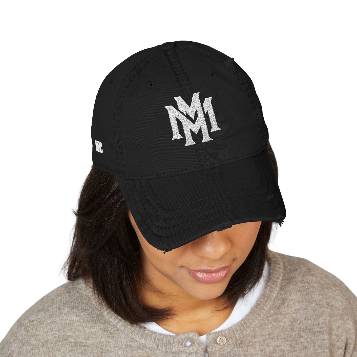 Distressed Embroidered Dad Hat – Vintage Monogram "M" with Script "Momento" - Memento Mori Clothing