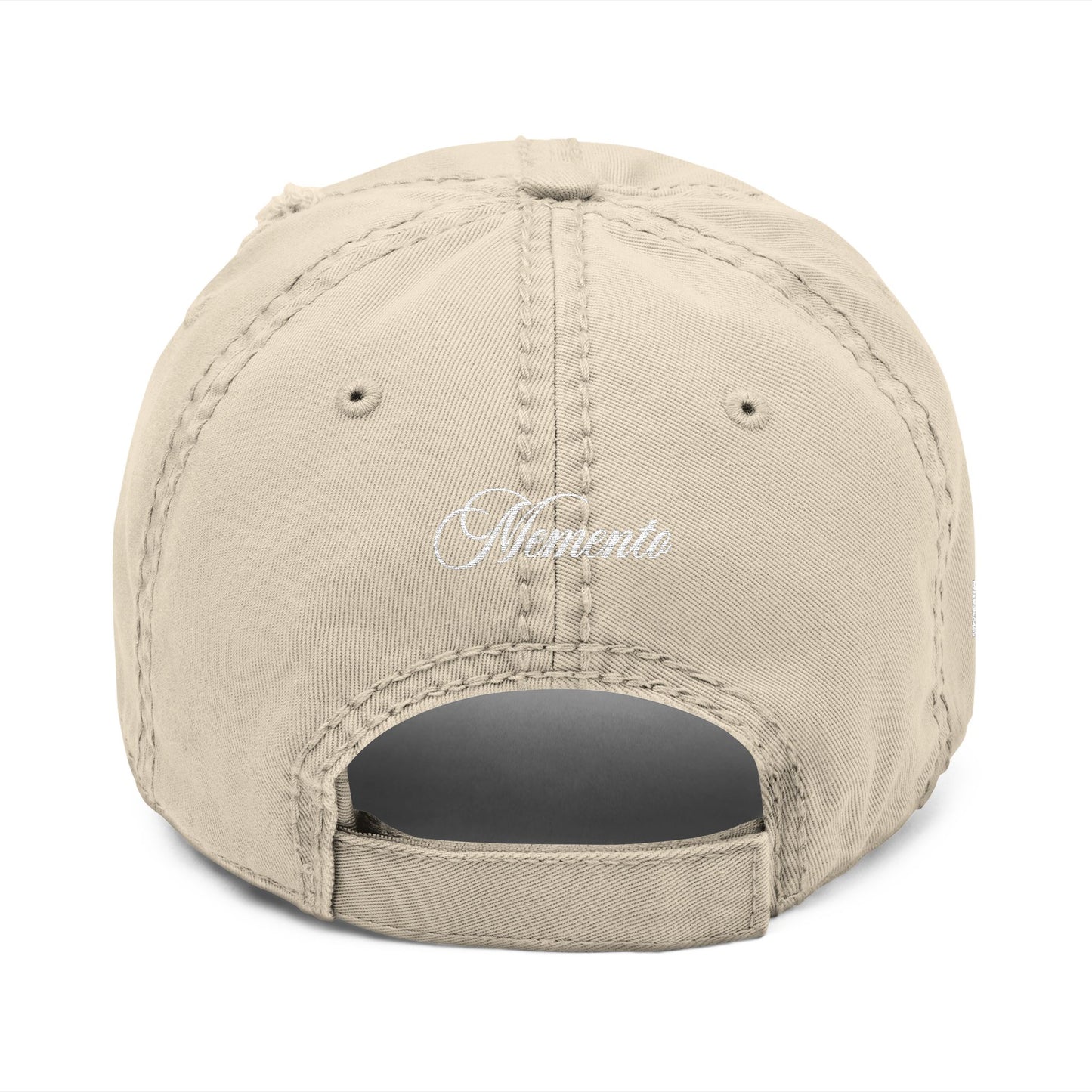 Distressed Embroidered Dad Hat – Vintage Monogram "M" with Script "Momento" - Memento Mori Clothing