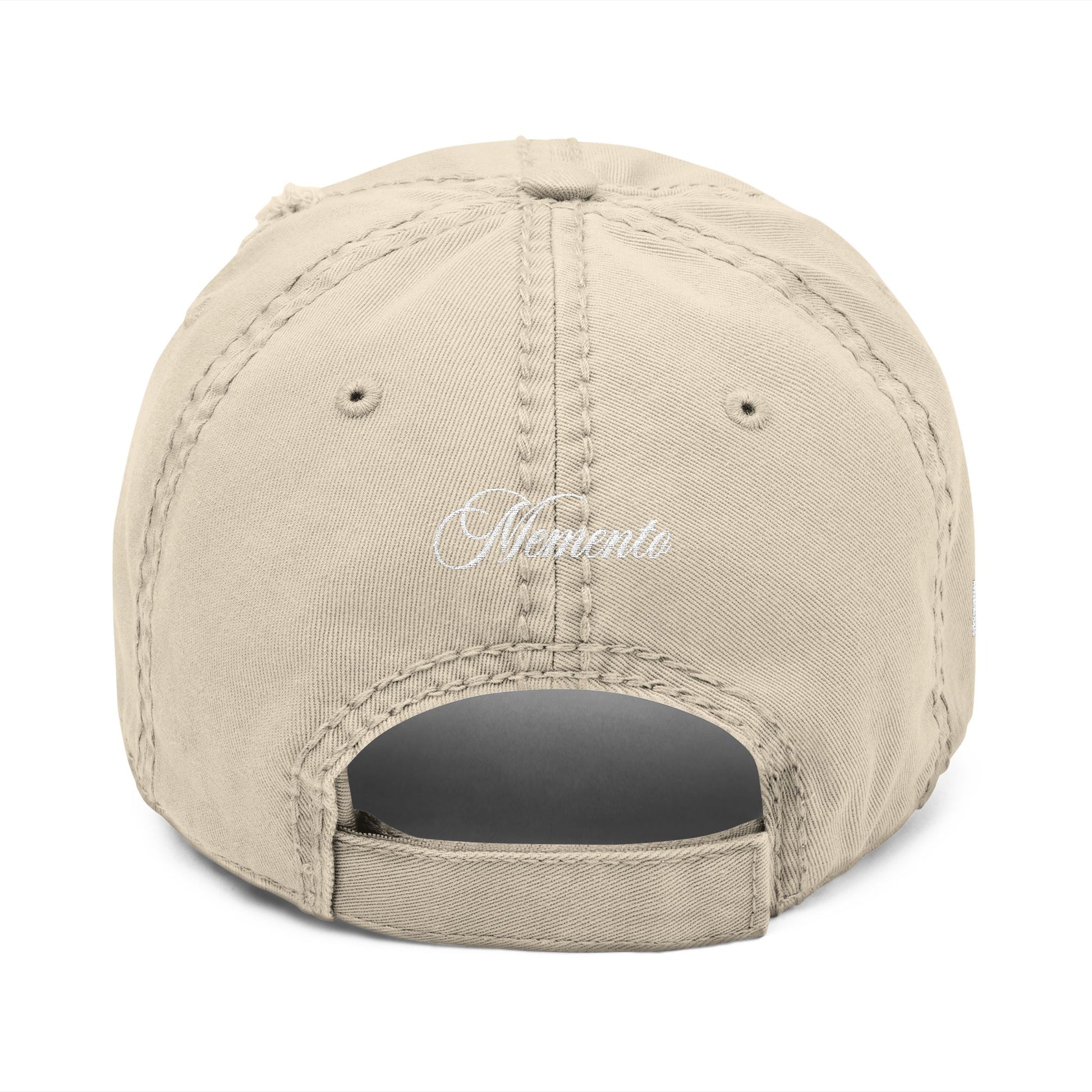 Distressed Embroidered Dad Hat – Vintage Monogram "M" with Script "Momento" - Memento Mori Clothing