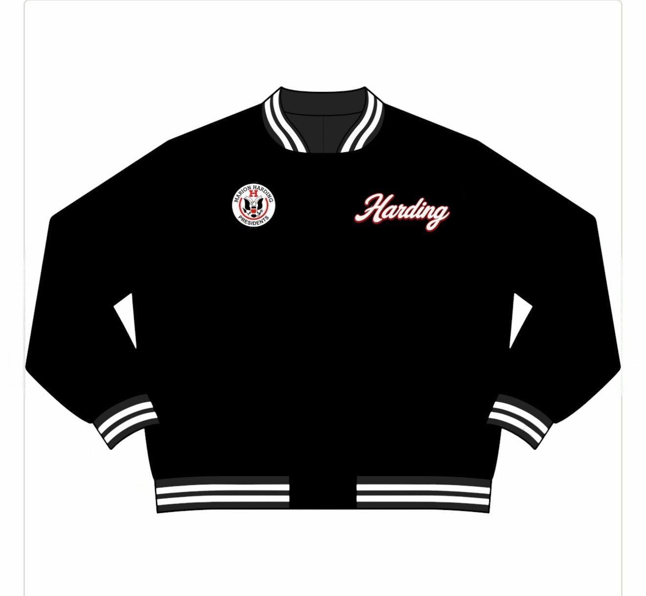Presidents Embroidered Varsity Jacket — Black Bomber Jacket with Script Back