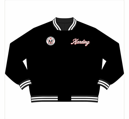 Presidents Embroidered Varsity Jacket — Black Bomber Jacket with Script Back