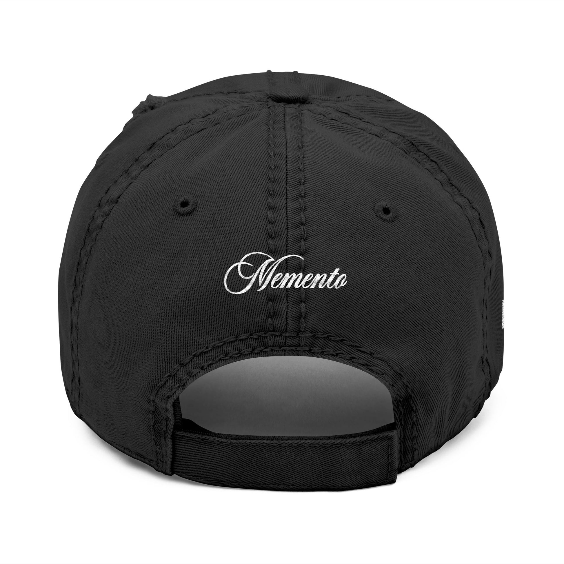Distressed Embroidered Dad Hat – Vintage Monogram "M" with Script "Momento" - Memento Mori Clothing