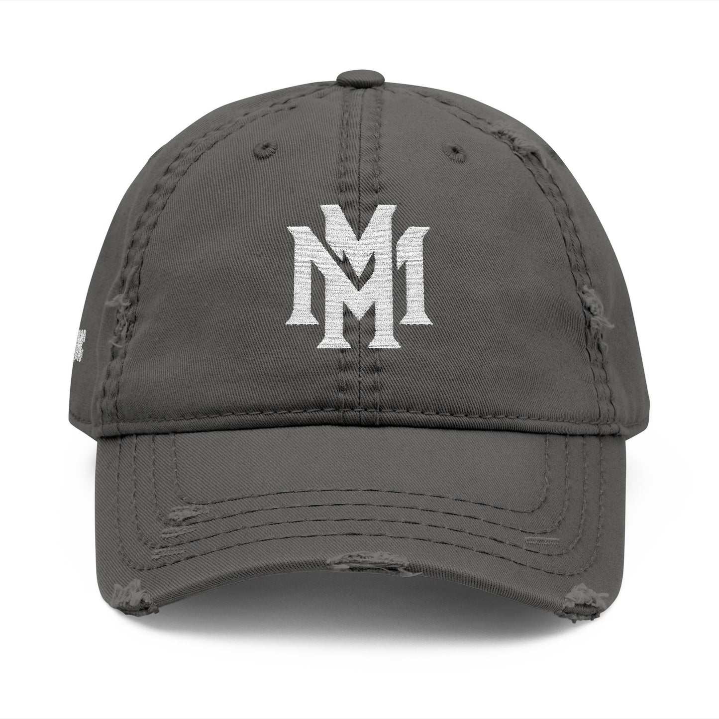 Distressed Embroidered Dad Hat – Vintage Monogram "M" with Script "Momento" - Memento Mori Clothing