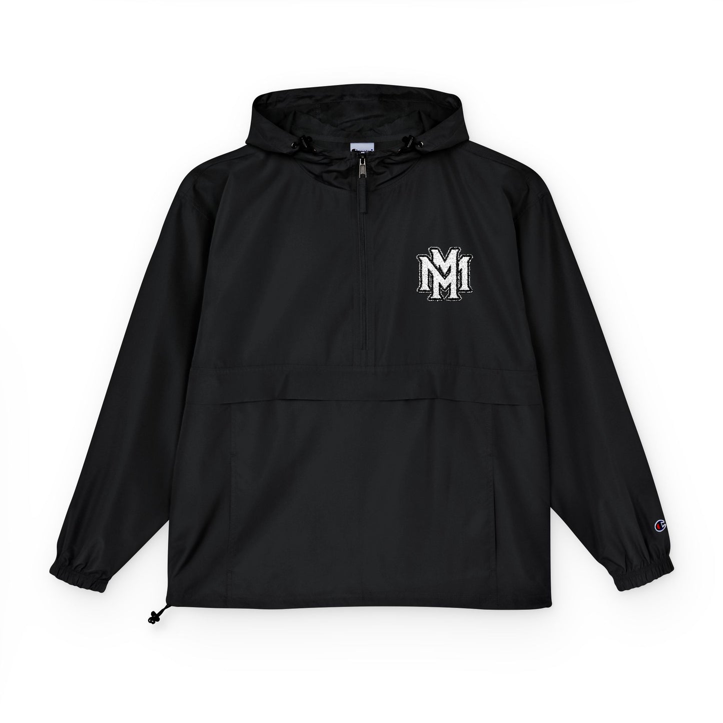 Black Packable Anorak Jacket with White Crest Graphic — Lightweight Windbreaker