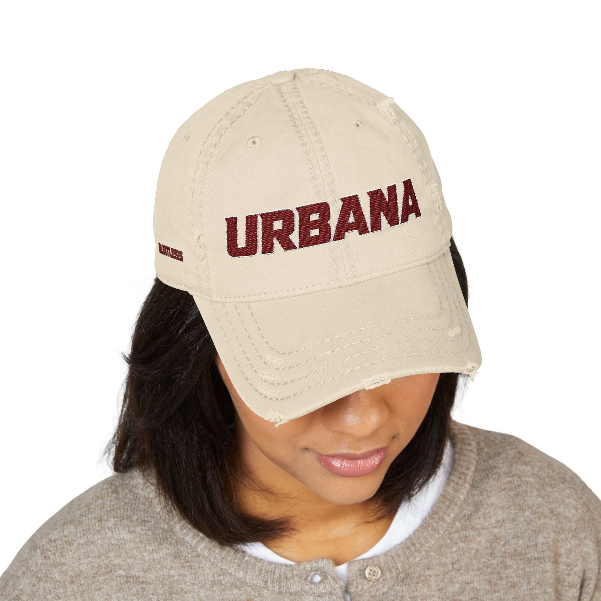 Urbana Distressed Embroidered Dad Hat — Vintage College Cap - Memento Mori Clothing