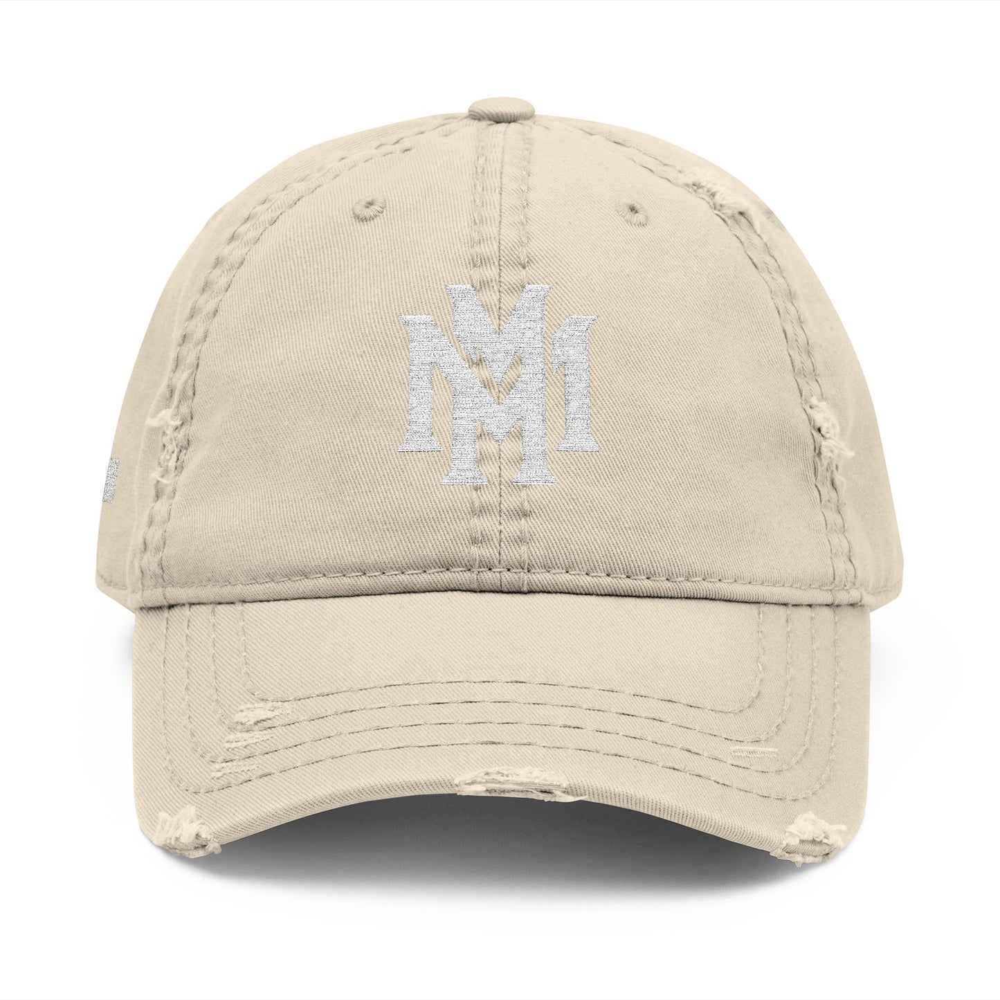 Distressed Embroidered Dad Hat – Vintage Monogram "M" with Script "Momento" - Memento Mori Clothing