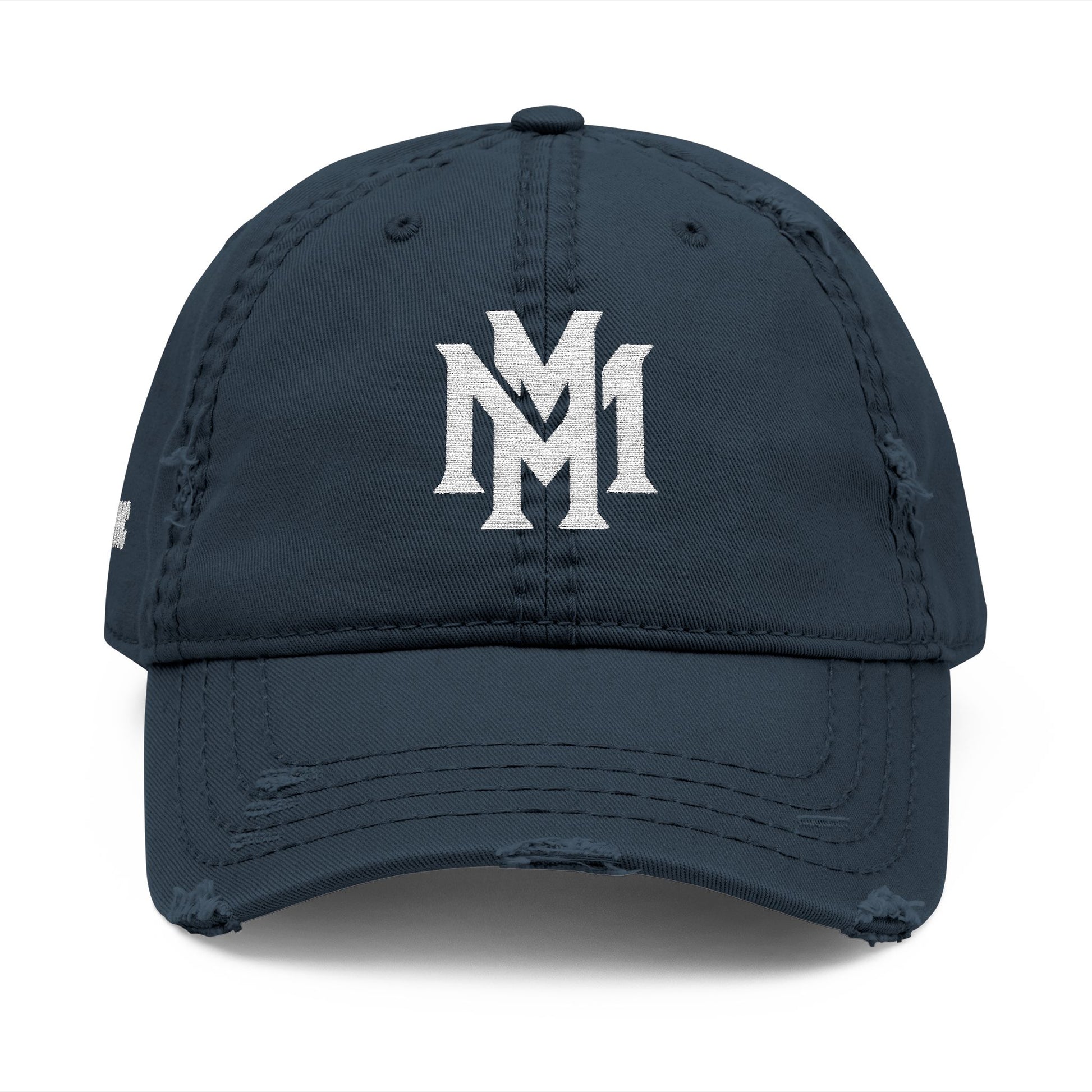 Distressed Embroidered Dad Hat – Vintage Monogram "M" with Script "Momento" - Memento Mori Clothing