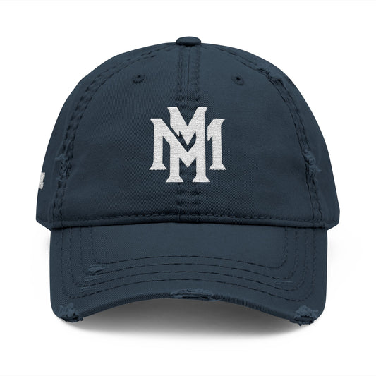 Distressed Embroidered Dad Hat – Vintage Monogram "M" with Script "Momento" - Memento Mori Clothing