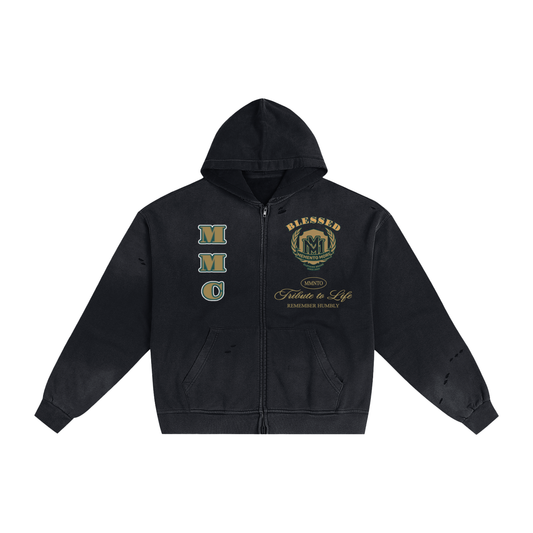 "BLESSED" Hand-Frayed Sunfade Zip Hoodie - Memento Mori Clothing