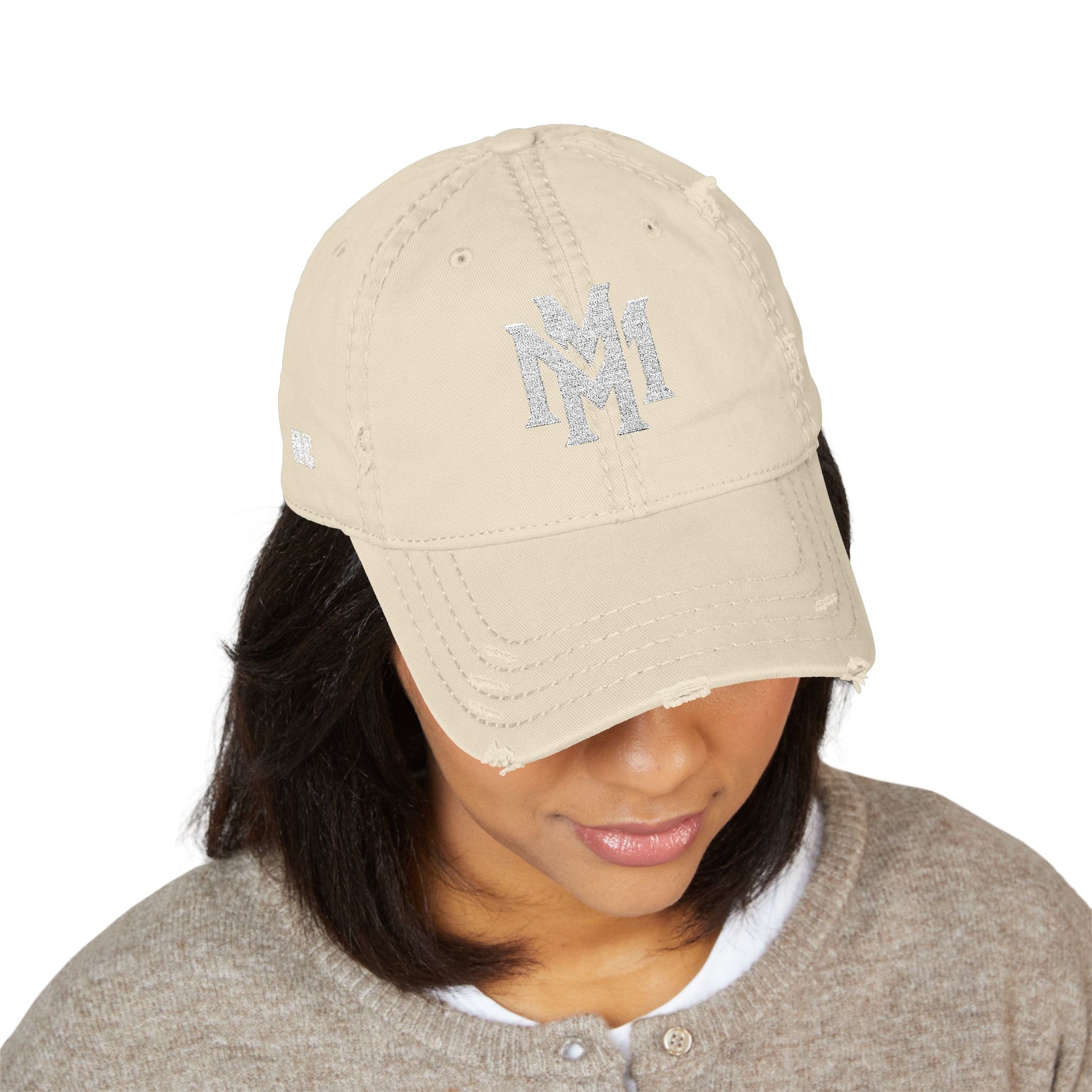 Distressed Embroidered Dad Hat – Vintage Monogram "M" with Script "Momento" - Memento Mori Clothing