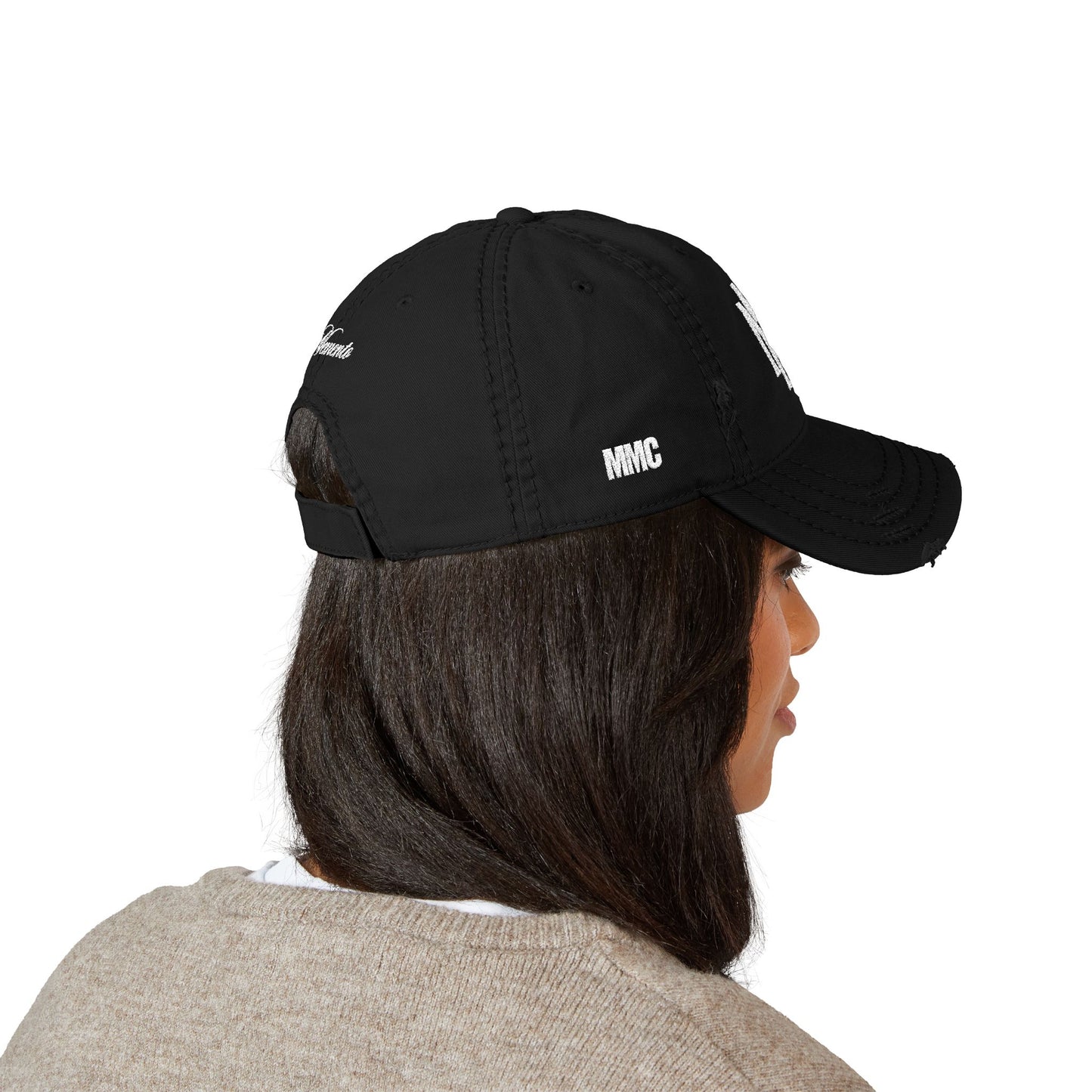 Distressed Embroidered Dad Hat – Vintage Monogram "M" with Script "Momento" - Memento Mori Clothing