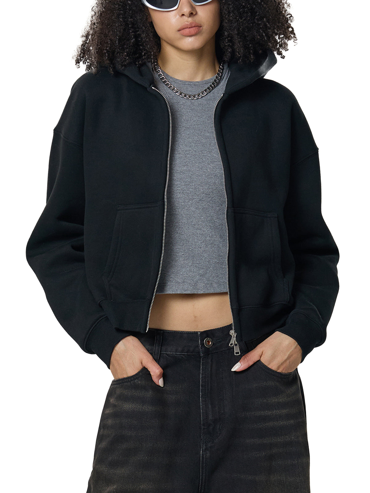 Fleeced Zip-Up Cropped Hoodie